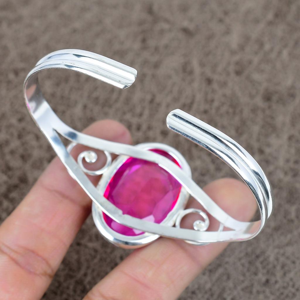 Pink Rubillite Gemstone Handmade 925 Sterling Silver Cuff Bangle Adjustable KKG-221