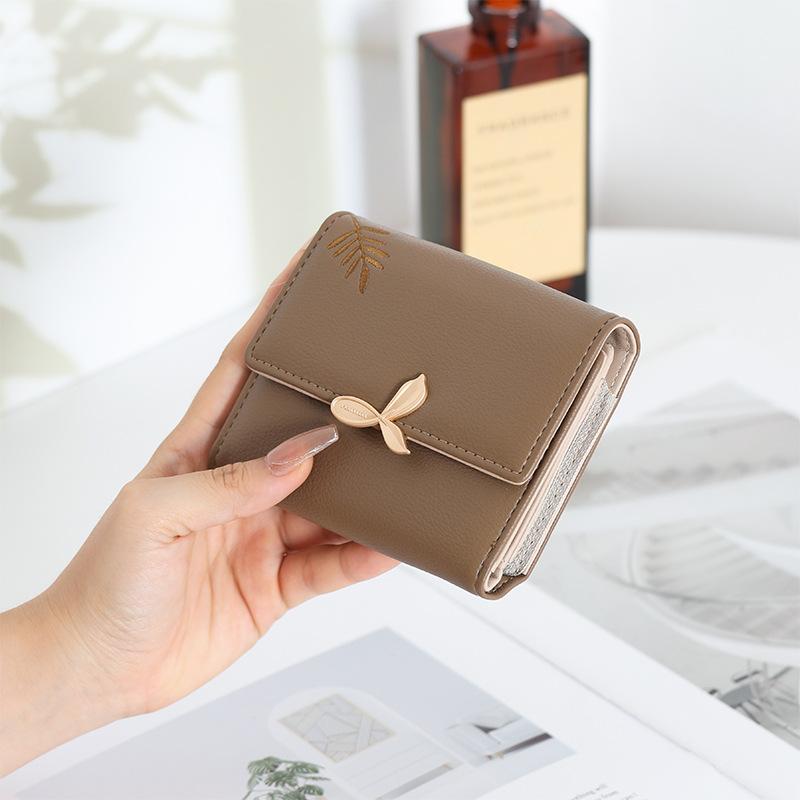 Ladies' Short Leaf Wallet, Embroidered Flower Wallet, Zipper Coin Student Multi functional Change Card Bag