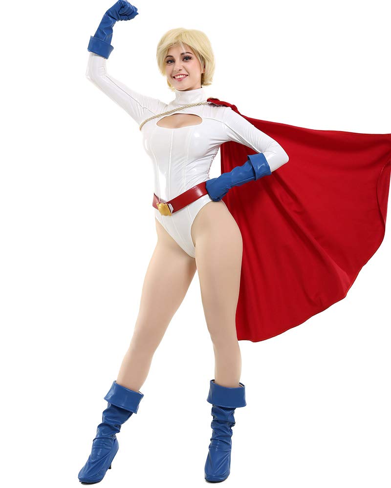Miccostumes Superheroine Cosplay White Bodysuit with Leotard and Cape Women's Costume, (Small)