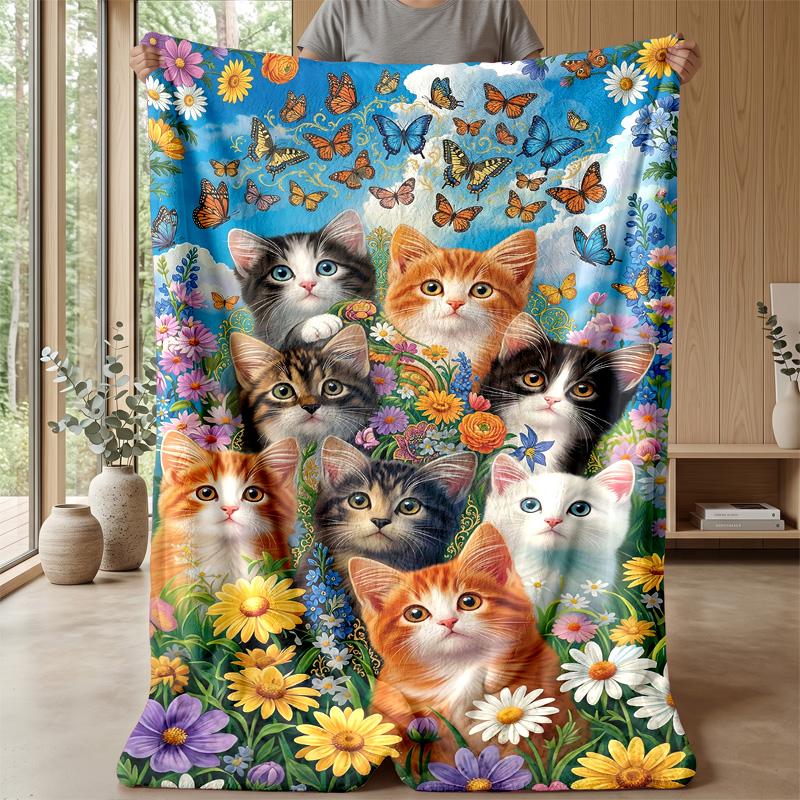 Butterflies and Kittens Garden blanket Personalized Name Flannel Blanket Soft Cozy Plush Throw for Sofa Bed Lightweight Home Decor