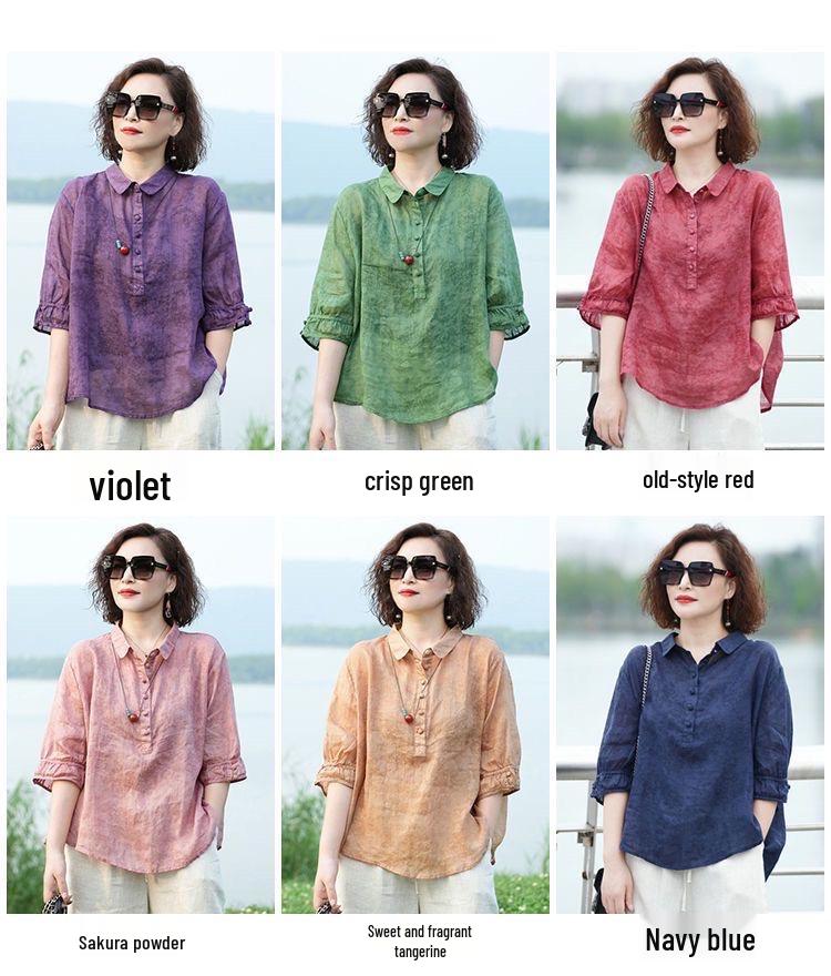 Damski letni T-shirt z klapami z jedwabiu i lnu: Krótki rękaw, Chłodny, Modny, Cienki pulower