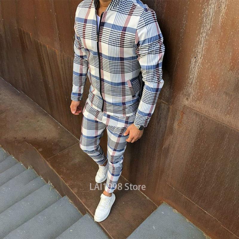 

Мужские комплекты + брюки, комплекты из 2 предметов, мужской костюм, повседневная одежда, модный мужской спортивный костюм, спортивная одежда, мужская весна-осень, 3D клетчатая куртка