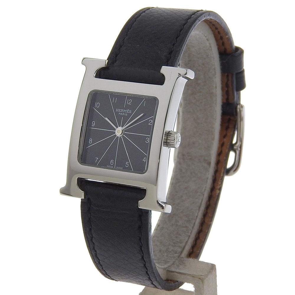 Hermes Heure H Uhr Uhren HH1.210 schwarzes Zifferblatt Edelstahl/Leder Quarz Analoge Anzeige Damen Gebraucht