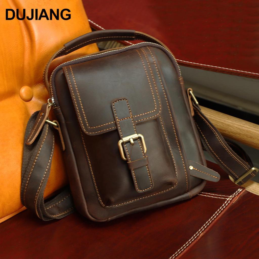 DUJIANG Herren Vintage Crazy Horse Leder Umhängetasche - Echtes Leder Freizeit Outdoor Tasche