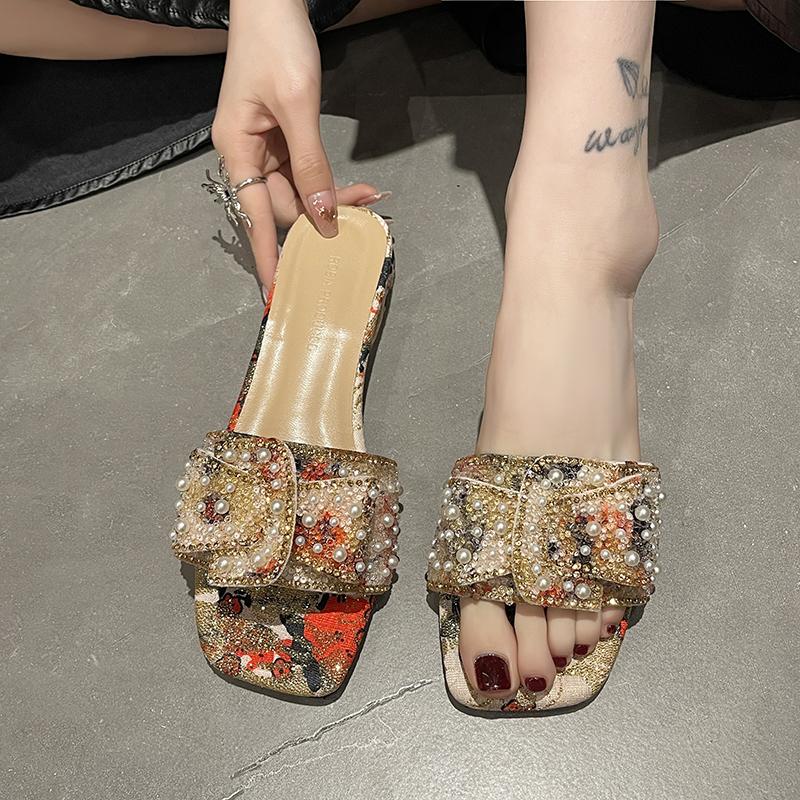 

Женская обувь Тапочки для женщин Новый стиль Роскошные Жемчужные Стразы Массивный каблук Тапочки Летняя Женская обувь Босоножки с бантом-бабочкой 41 красный