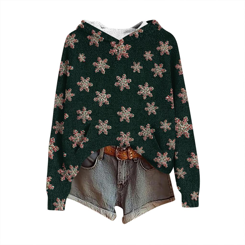 Women's Fashion Casual Long Sleeve Christmas Print Hooded Knitted Sweatshirt