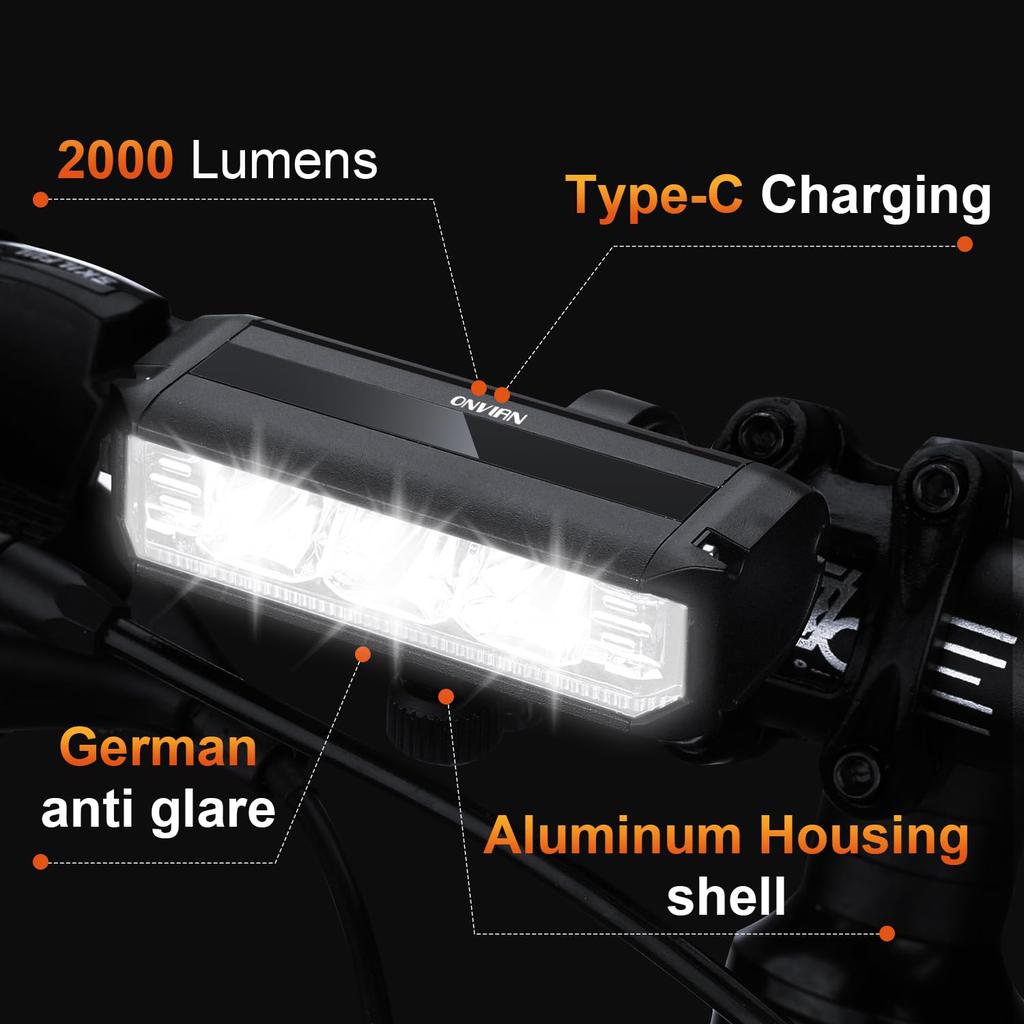 ONVIAN 2000 Lumen Bicycle 4 LED Bike Light Modes for Nighttime Sturdy Aluminum Alloy for Bike Quad Handlebar Accessory Headlight, Rechargeable, Ride,