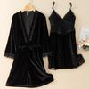 New Autumn Velvet Pajamas Two-piece Robe Set Feminine Lace See-through Robe Bathrobe Casual Velvet Home Clothes