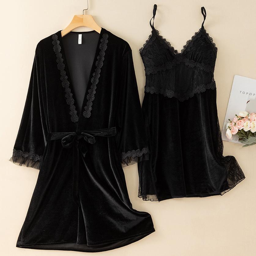 New Autumn Velvet Pajamas Two-piece Robe Set Feminine Lace See-through Robe Bathrobe Casual Velvet Home Clothes