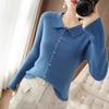 Neues Shirt Damen Langarm Strickjacke Jacke Slim-fit Große Größe PO-Ausschnitt Pullover Einfarbig Knopf-Oberteil