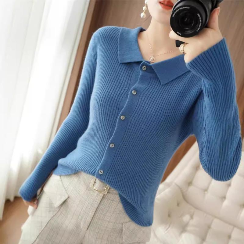 New Shirt Women's Long Sleeve Knitted Cardigan Jacket Slim-fit Large Size PO Neck Sweater Solid Color Button Top