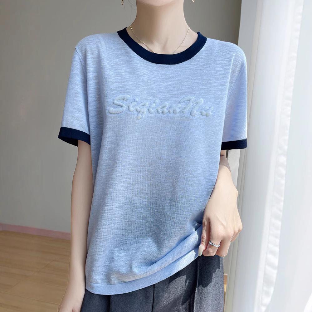 Sommerlicher Strickpullover mit Rundhalsausschnitt, Kurzarm-T-Shirt, Damen, Farbblockdesign, dreidimensionale Buchstaben, dünner Stil