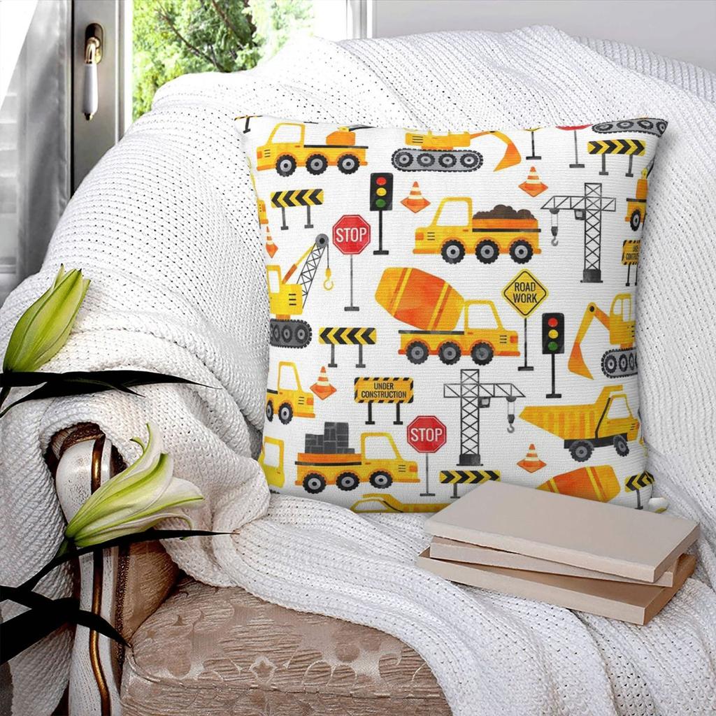 Road Work Watercolor Construction Vehicles Square Pillowcase Pillow Cover Cushion Zip Decorative Throw Pillow for Home Sofa