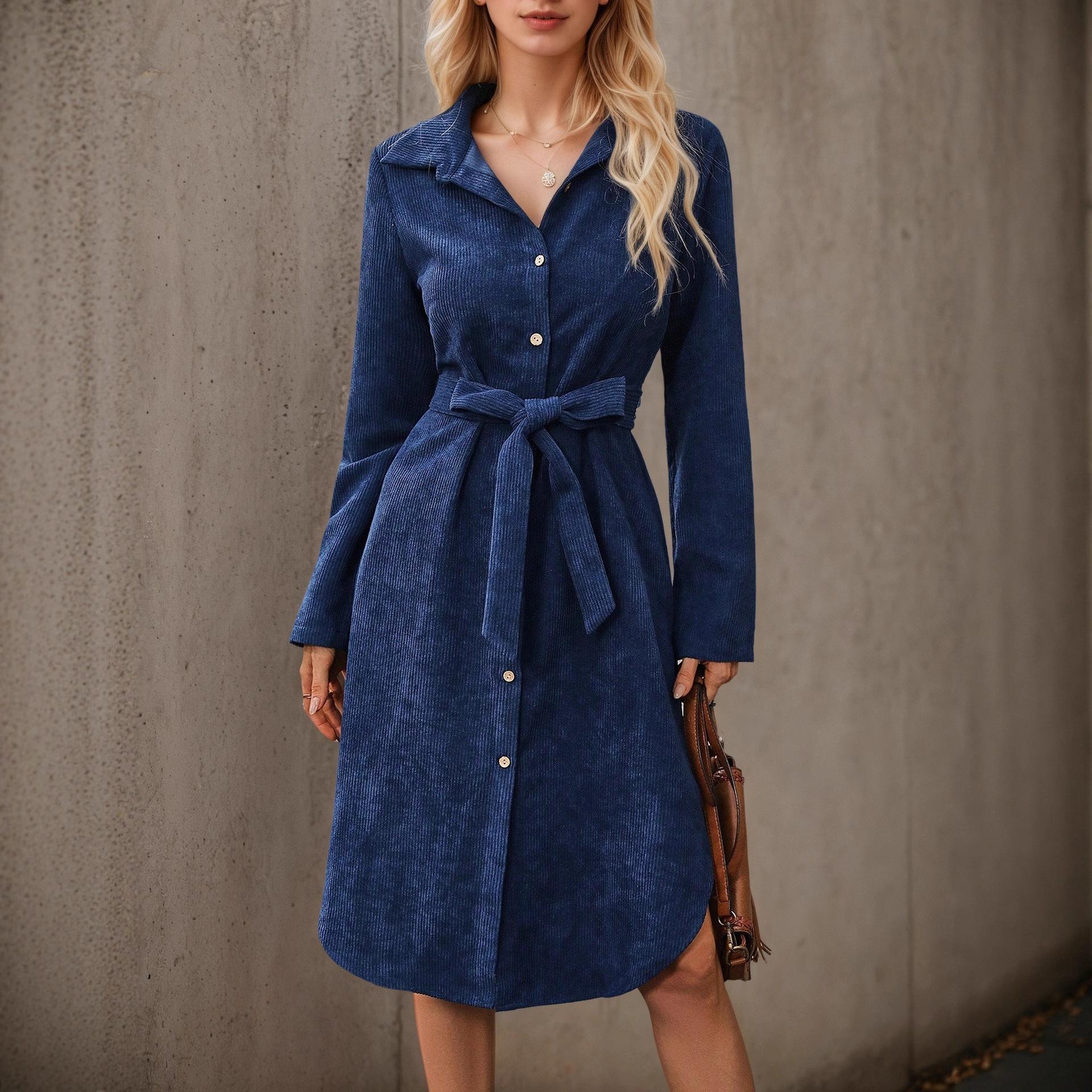 European, American autumn and winter long-sleeved corduroy dress, front open placket belt irregular shirt skirt european and american code s