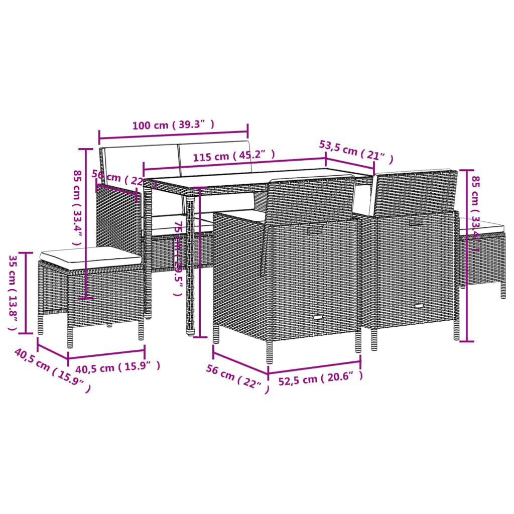 6 Piece Outdoor Dining Set with Cushions Black Poly Rattan