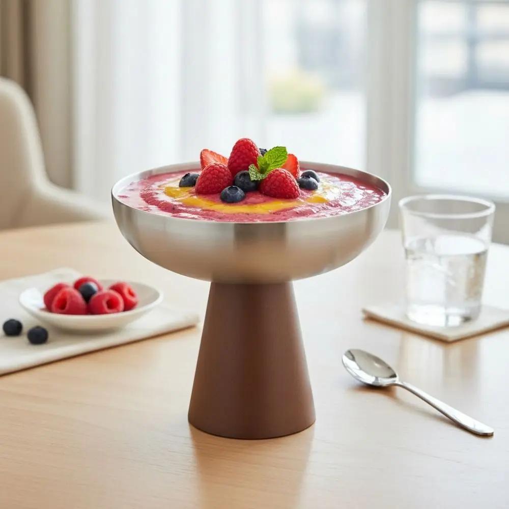 High Feet Stainless Steel Dessert Cup Wood Handle Large-caliber Ice Cream Cup Stable Base Corrosion-resistant Yogurt Bowl