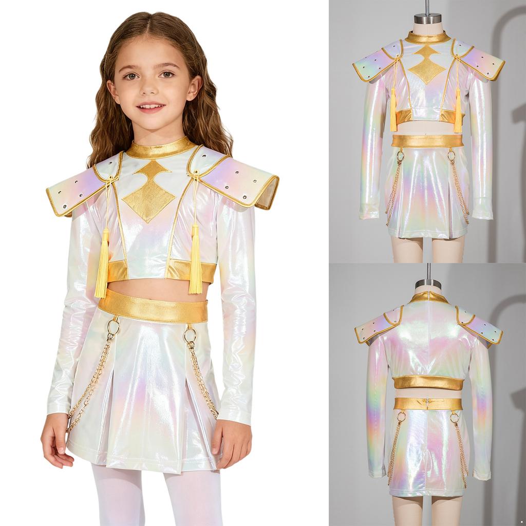 Kids Girls Anime Character Cosplay Outfit Iridescent Gloss Contrast Color Mock Neck Long Sleeve Chest Tassels Decor Back Invisible Crop Top and Matche