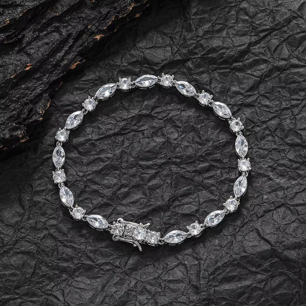 Mixed Cut Round and Marquise Cubic Zirconia Tennis Bracelet 18K Gold Plated Brass Bling Hip Hop Jewelry for Women