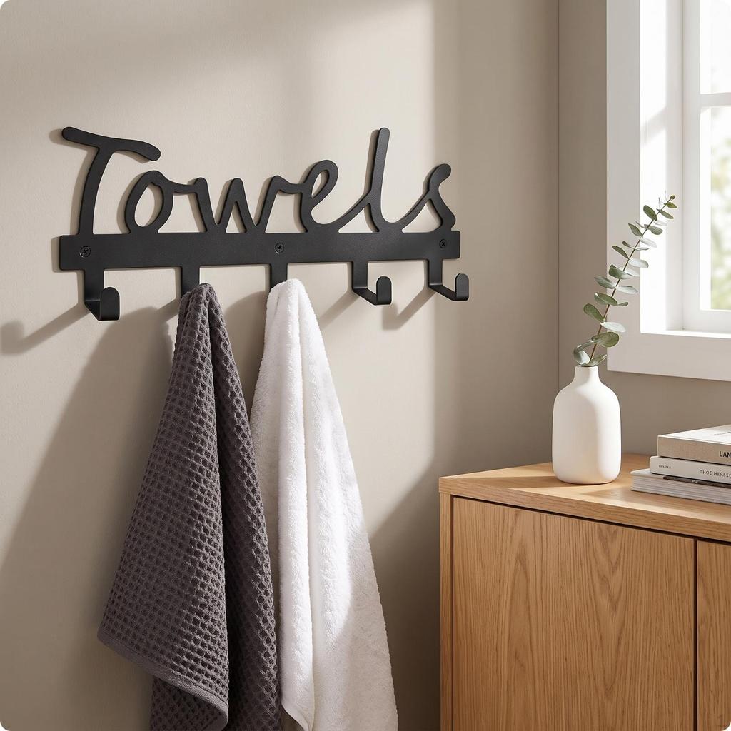 Towel Holder with Plaque Black Metal Rack Hooks Flat Iron Wall Hook for Washroom,