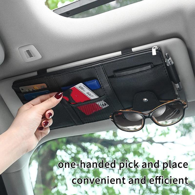 Sunshade Storage Bag Pu Leather Multi-Pocket Net Zipper Car Sun Visor Organizer Sunglasses Holder For Car Interior Accessories