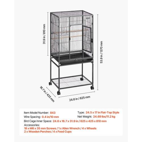 VEVOR Bird Cage, 625 x 425 x 1370 mm, Flat Top, Wrought Iron Bird Flight Cage with Perches, Slide-Out Tray and Plastic Feeders, Casters, for Parrot
