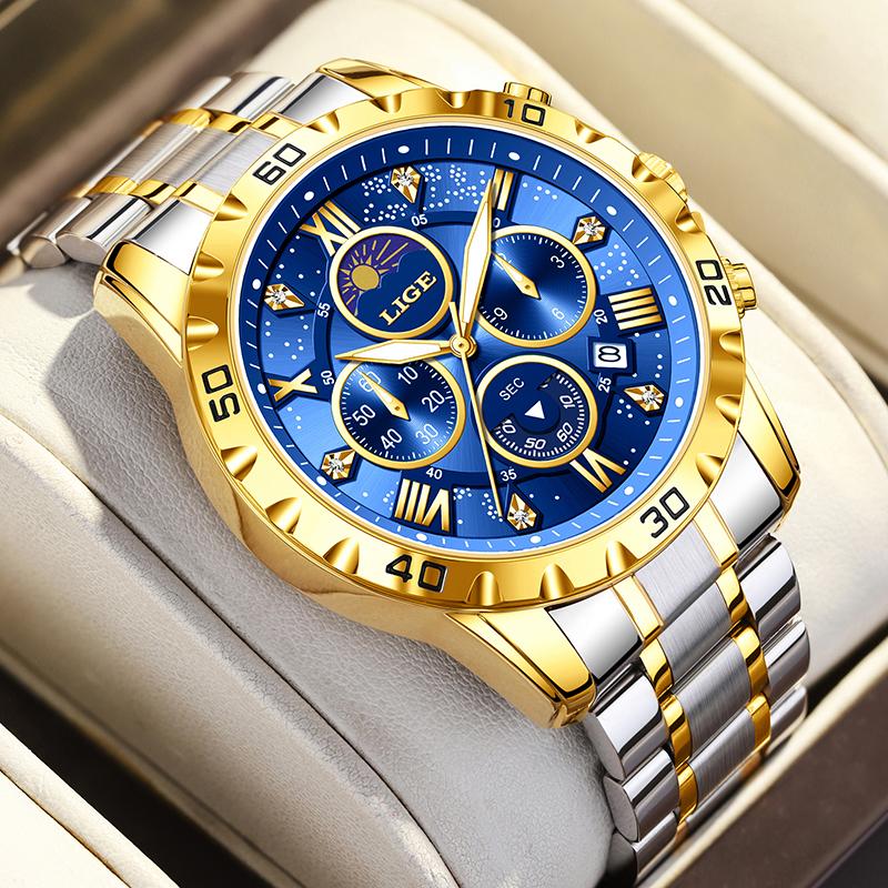 LIGE Top Brand Luxury Watches Men Fashion Multifunction Quartz Wristwatches 30M Waterproof Luminous Steel Mens Watch Reloj