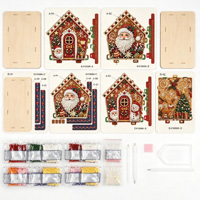 Christmas DIY Pearl Bead Art House Decoration Kit Wooden House Diamond Painting Handcraft Set Santa Snowman Xmas DIY Craft Kit