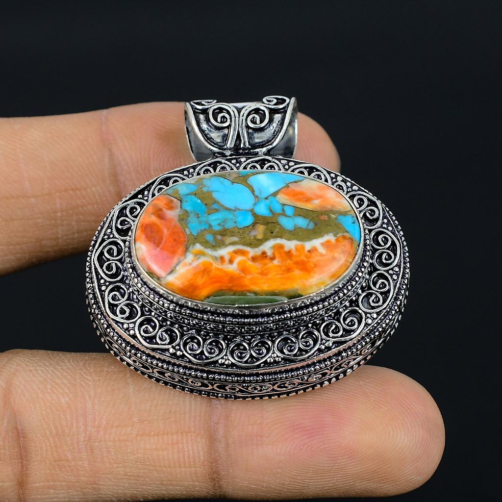 Spiny Oyster Gemstone Handmade Ethnic 925 Silver Gift Jewelry Pendant 1.6" u6E09