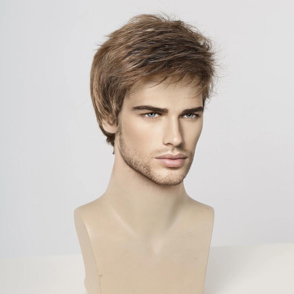 Men Black Synthetic Wig Natural Looking Daily Fake Hair for Male Short Brown Wigs Costume Party Heat Resistant Fiber