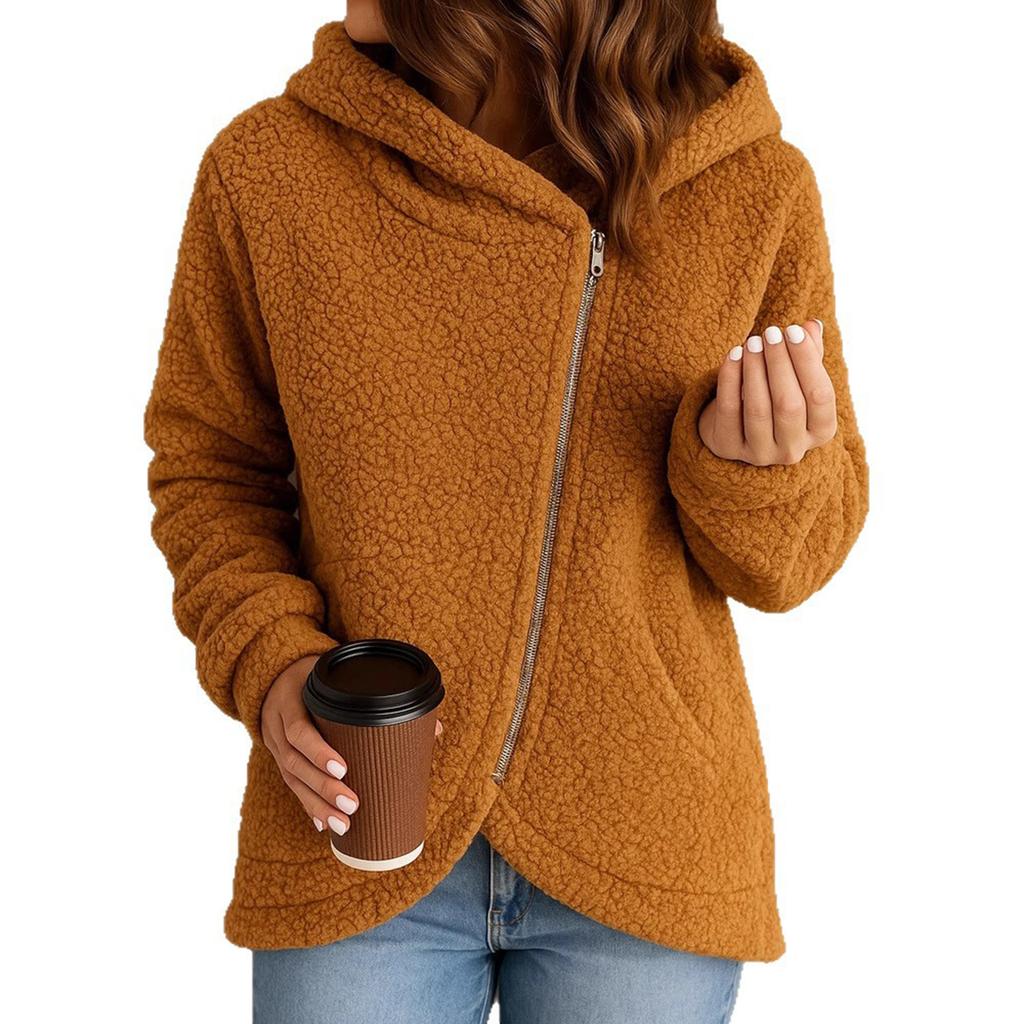 Women's loose fashion lambswool long sleeve zippered hooded sweatshirt jacket