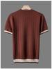 Italian Color-Block Men's Knit: Breathable Jacquard Texture, Loose Fit, Contrast Color, Round Neck, Short Sleeve.