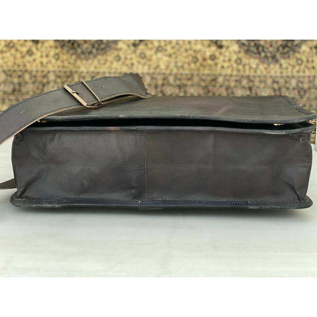 Leather Messenger Bag Shoulder 18" Laptop Briefcase (Handmade Bag) Women's Black