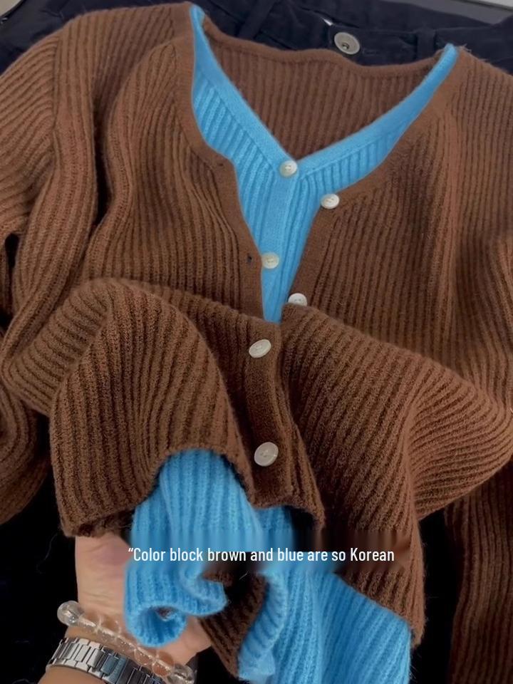 Dámský pletený kardiganový top ve stylu korejského V-výstřihu s barevnými bloky na podzim/zimu