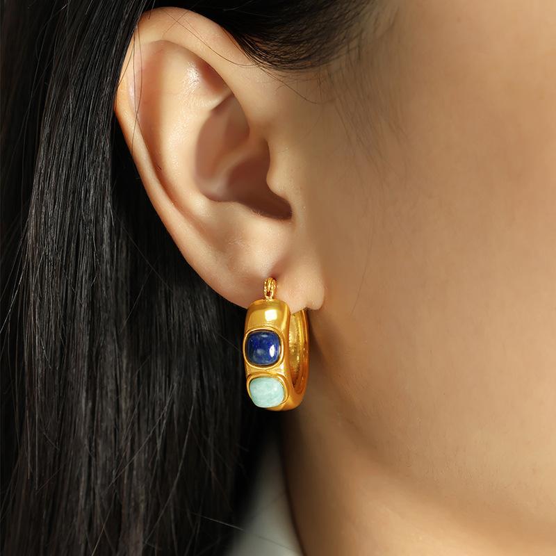 Earrings natural stone earrings titanium steel gold-plated 18k new Chinese style Guochao vacation style earrings women's C shape