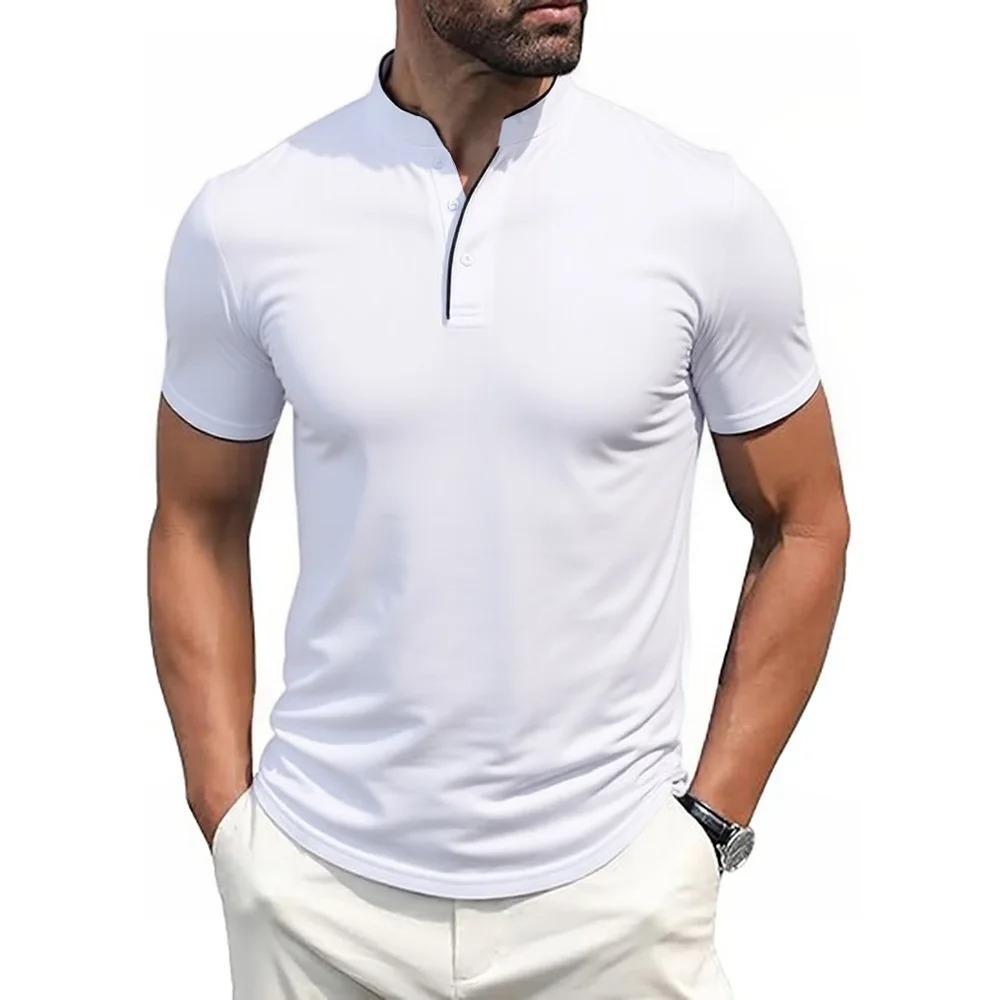 

Мужские рубашки с маленьким воротником-стойкой, с коротким рукавом, поло, модная футболка для гольфа с контрастным цветом, на пуговицах, облегающего кроя L белый