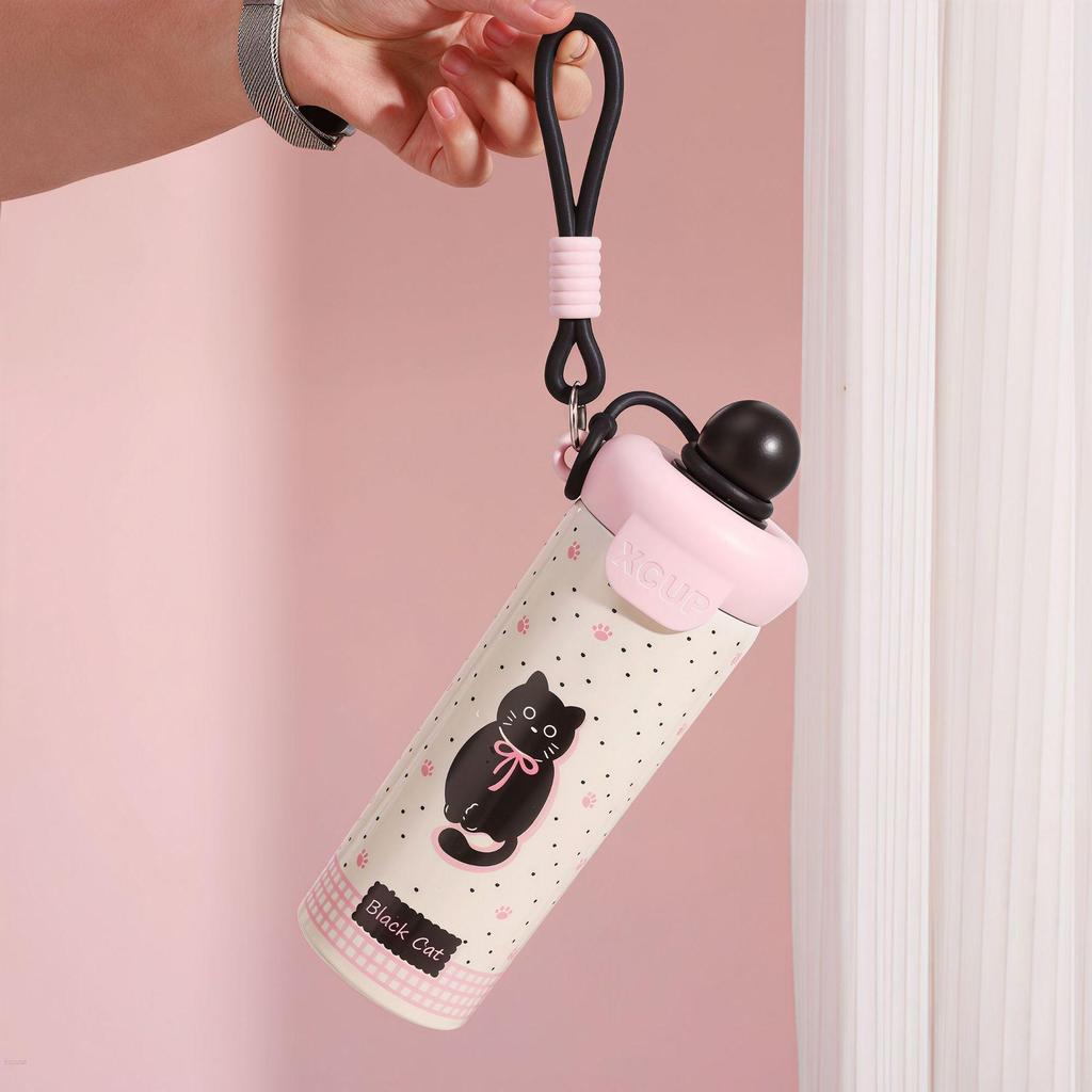 316 Stainless Steel Insulated Straw Cup for Women & Students - Cute Cartoon Water Bottle with Handle for Outdoor Use.