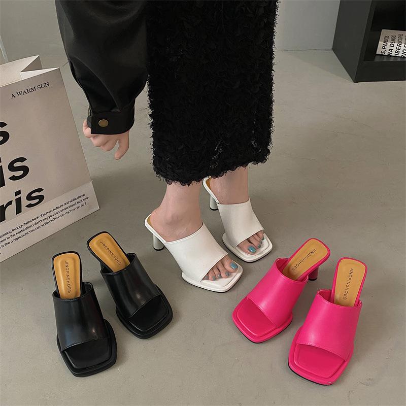 Hongkai~ Summer 2024 European and American fashion high-heeled sandals simple word daily square head middle heel slippers women's sandals