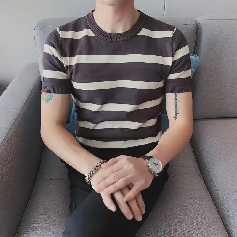 Men's Green Striped Ice Silk Slim-Fit T-Shirt - Summer Half-Sleeve