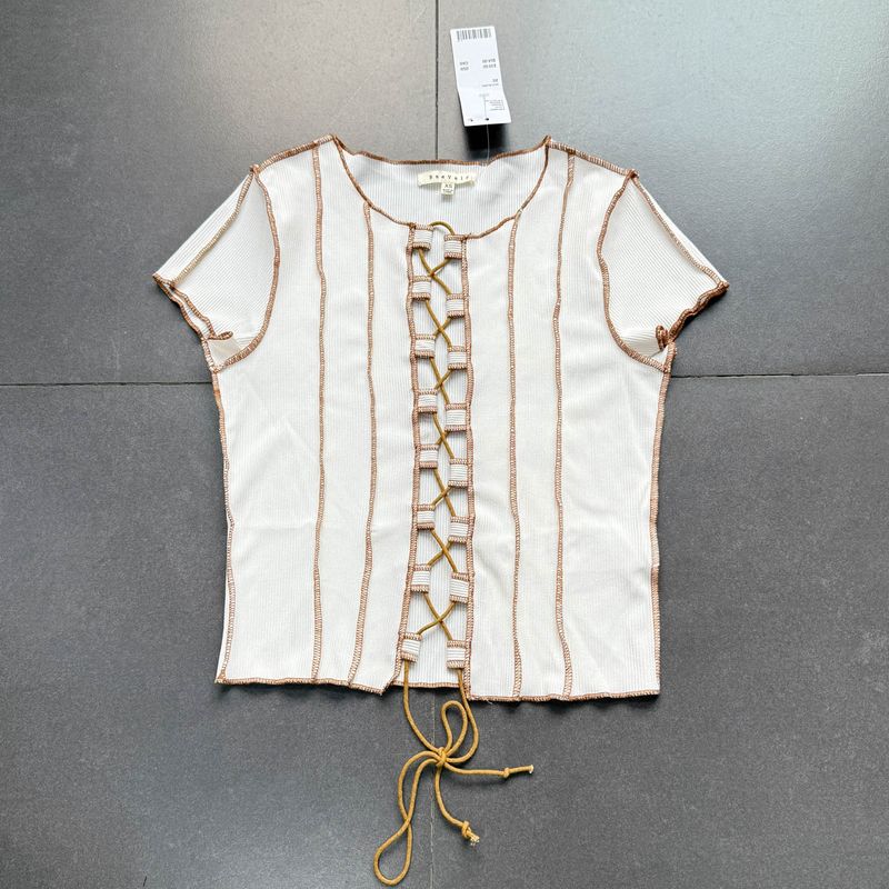

Foreign Trade Order B @ Evely Fashionable Gyaru Sexy Cross Strap round Neck Open Line Thin Knit Vest Top White coffee line M
