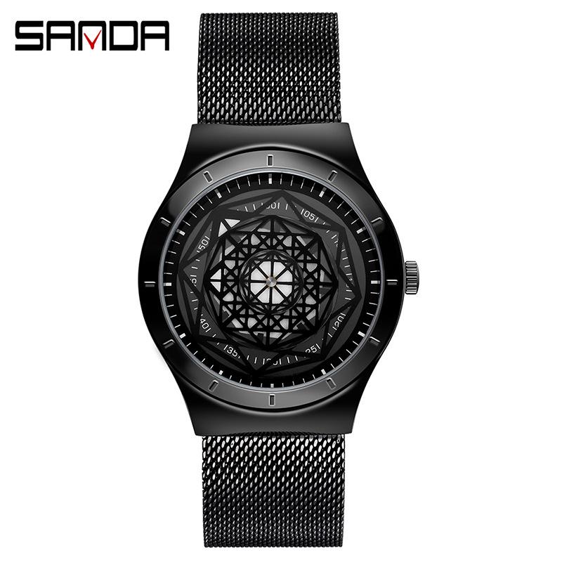 Sanda Men's Quartz Watch with Geometric Dial and Leather or Mesh Strap