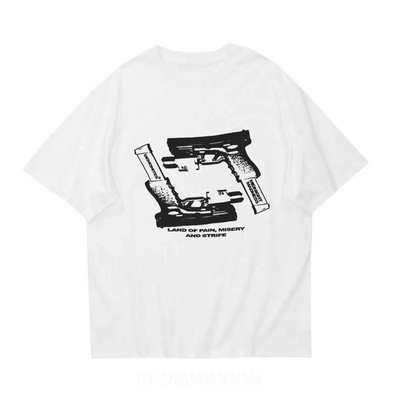 Men Punk Rock Gun Harajuku Aesthetics Graphic Print Cotton T-shirt Goth Streetwear Short Sleeve Tee Loose Retro Hip Hop Tops