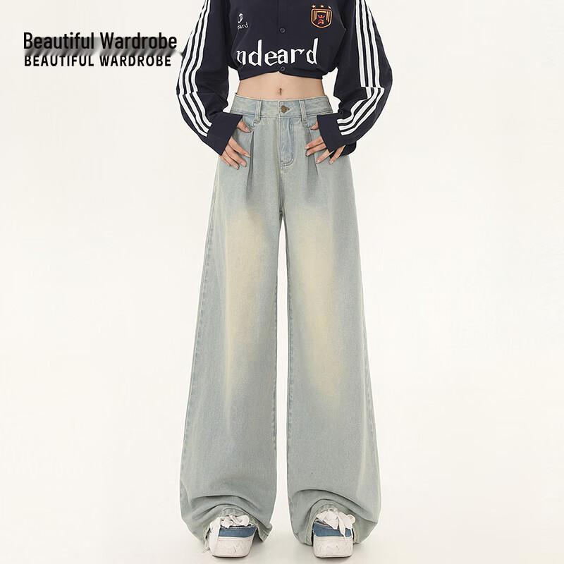 Women s American Retro Straight Wide-Leg Denim Pants XL