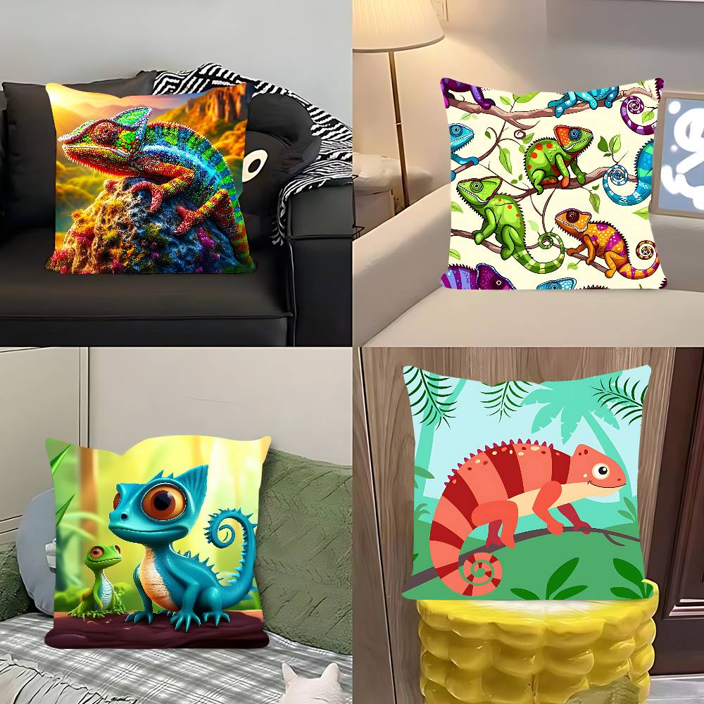Cartoon Chameleon Lizard Pillow Case Removable Washable Cushion Cover – All-Season Soft Linen