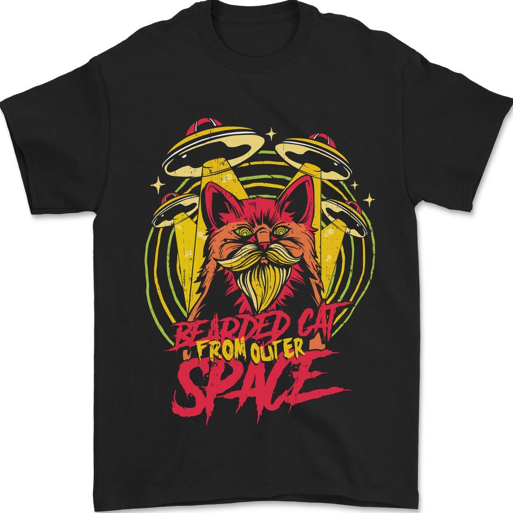 Bearded Cat From Space Outer Aliens UFO Mens T-Shirt Cotton Unisex T-Shirt M