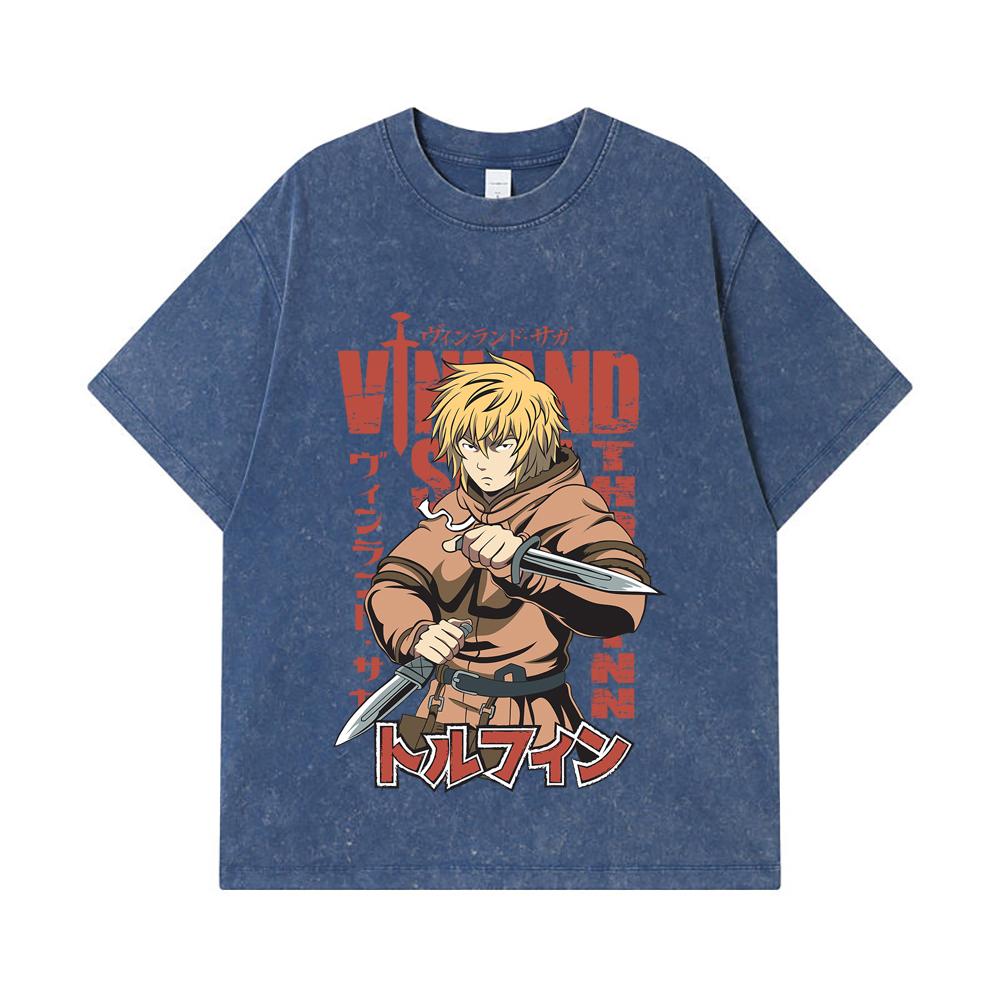 

275 GSM Washed T-shirts 100% Cotton Vinland Saga V1 Thorfinn Print Unisex Heavy Cotton T Shirt 2XL королівський синій колір