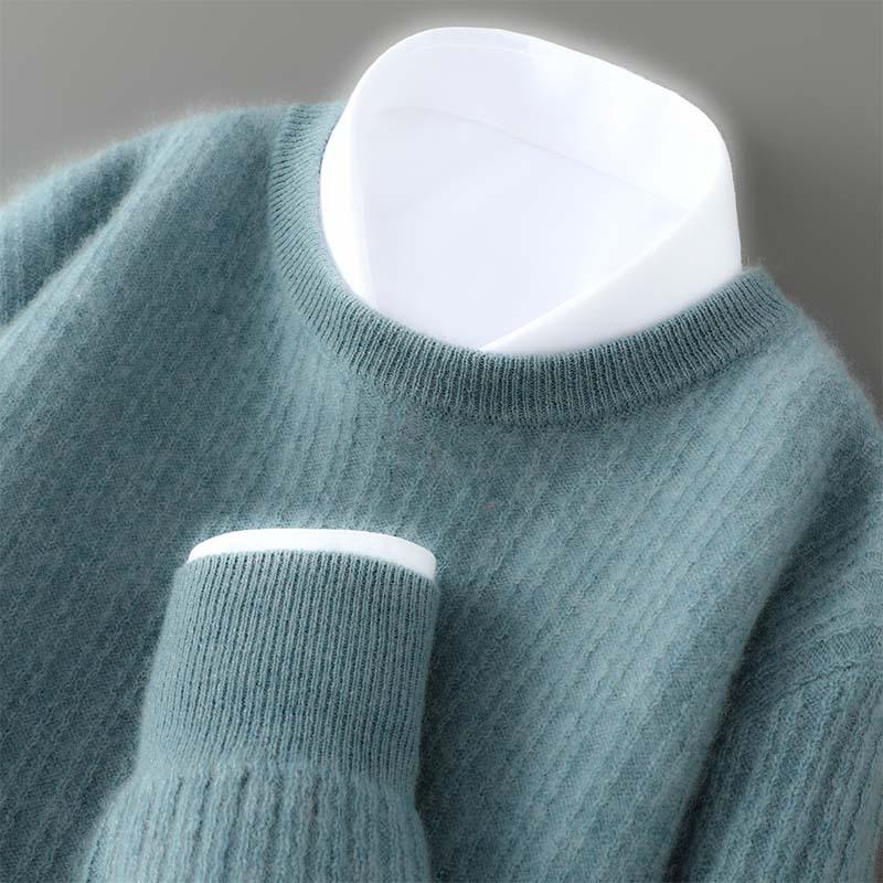 Men's Casual Round Neck Jacquard Wool Sweater - Loose Fit Pullover