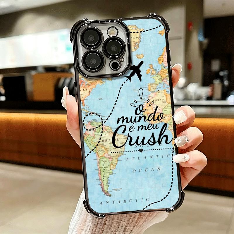 Travel Map Artistic Pattern Plating Phone Case For Iphone 16 17 Pro Max Air 16E 14 15 Plus 12 13 Mini Anti-Fall Airabag Cover