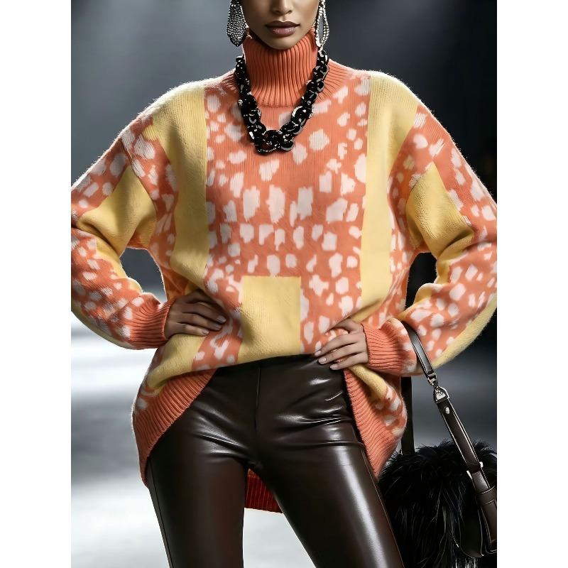 TIFICY Women's Fashion Casual Fall Winter Leopard Print Long Sleeve High Neck Sweaters