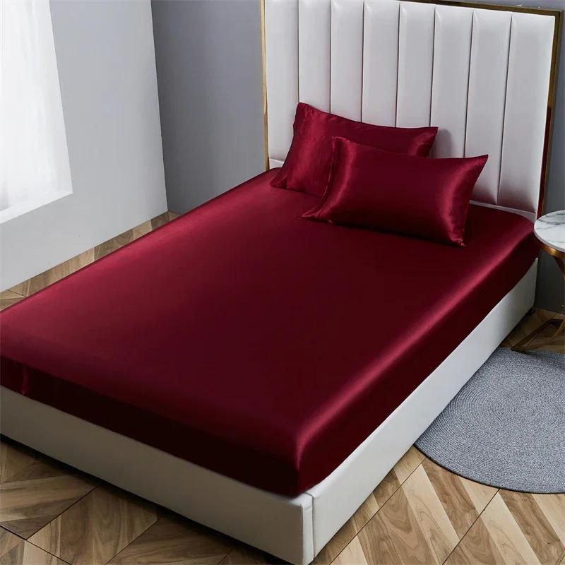 High-end Satin Queen Fitted Sheet Silky King Size Bed Sheet with Elastic Band Bedsheet Mattress Protector Cover No Pillowcase