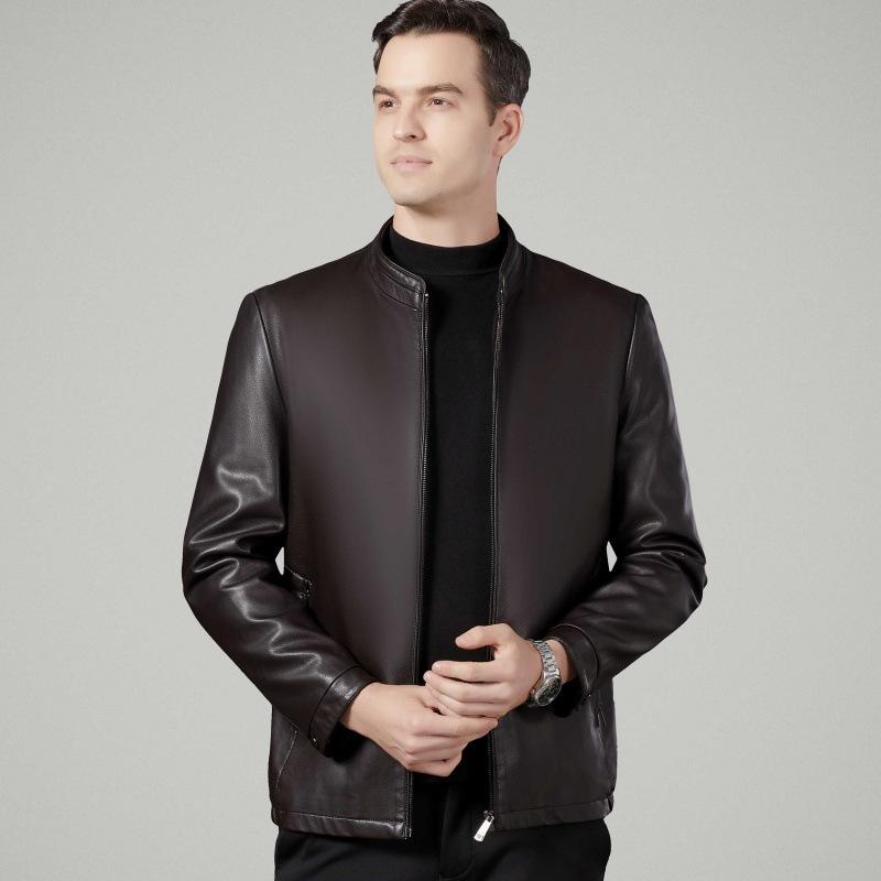 Autumn new men's leather jacket business casual leather top middle-aged father sheepskin stand-up collar jacket